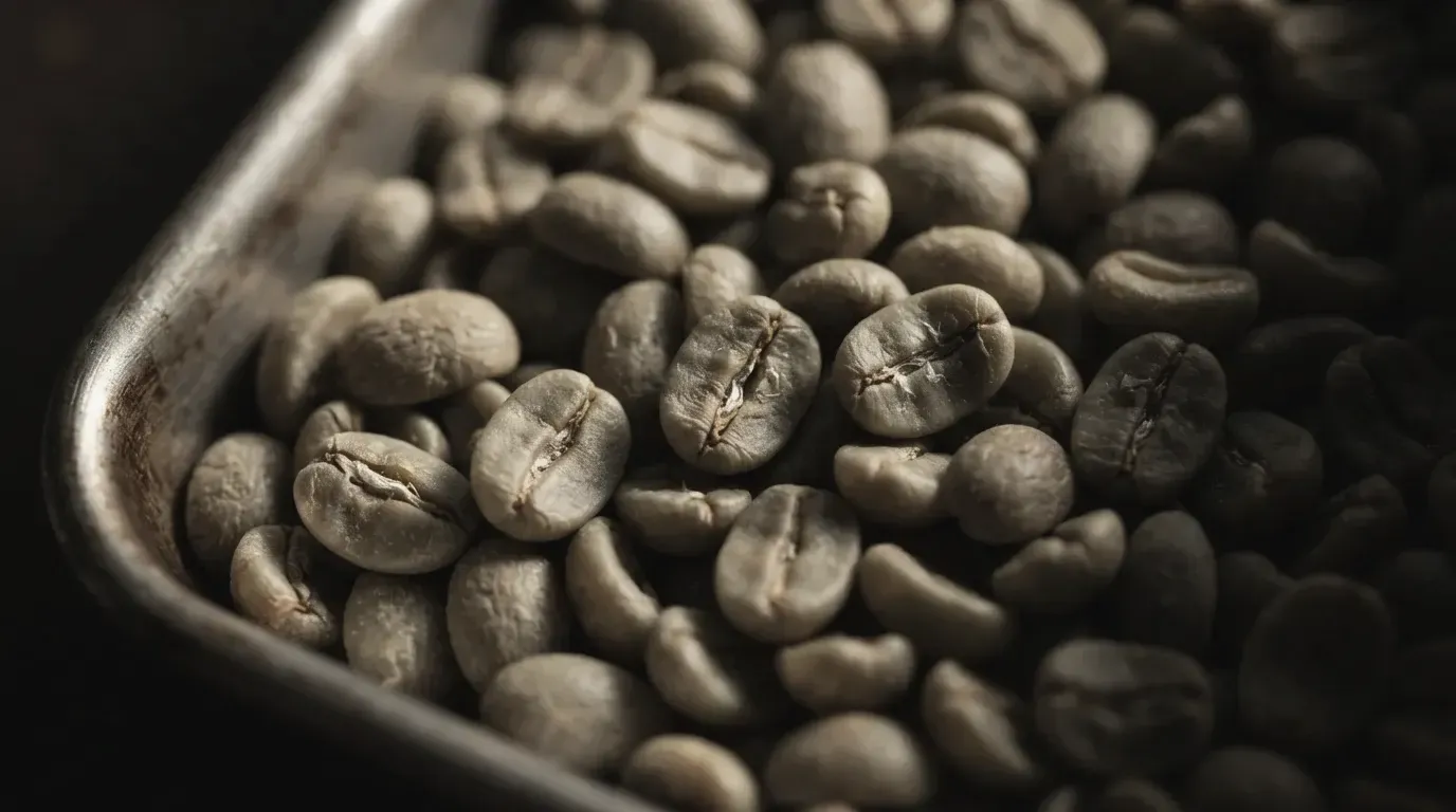 Macro photograph of raw green coffee beans in a steel tray before roasting