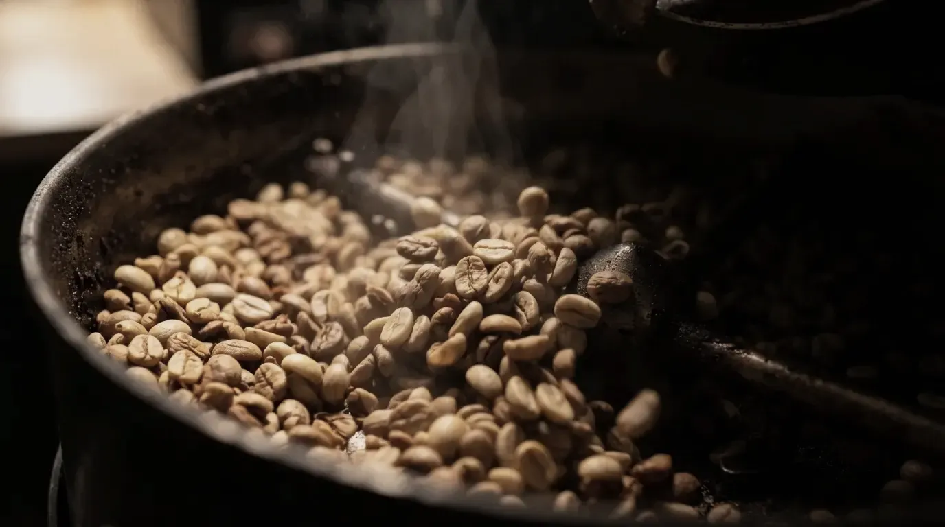 Macro photograph of coffee beans turning straw yellow inside a roasting drum